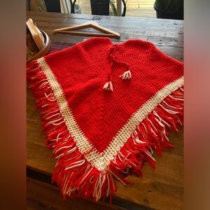 Vintage Red and White Hand-Crocheted Poncho with Tassels - Size Small